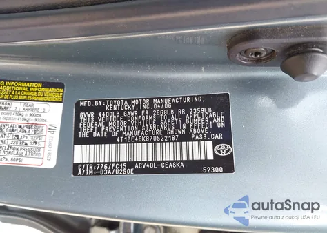 2007 Toyota Camry Se из США, поврежденный, VIN 4T1BE46K87U522187